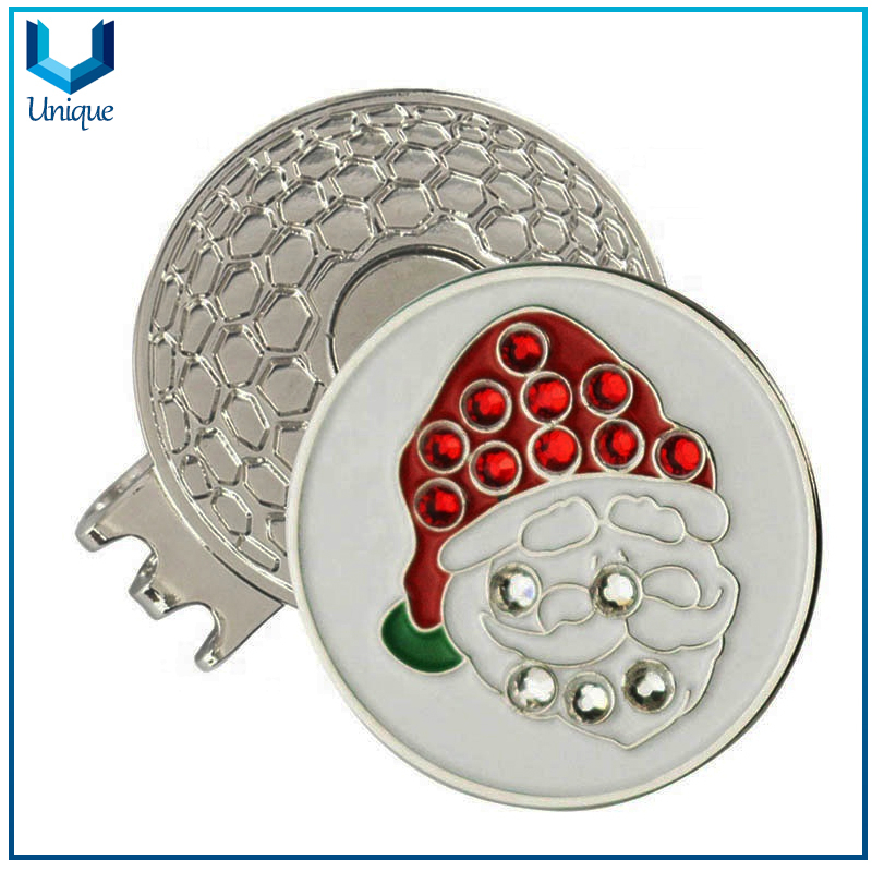 Fashion Crystal Decorated Golf Ballmarker with hatclip in Set, Customize Logo Golf Club Metal Golf Ballmarker with Hatclip for Promotion