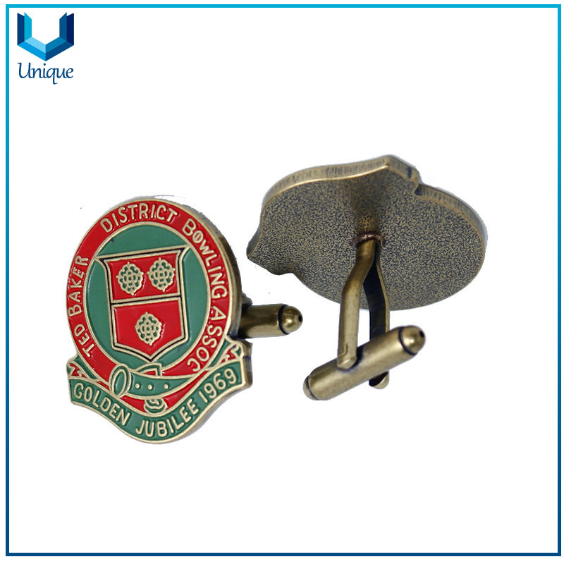 China Factory Wholesale Custom Fashion Metal Enamel Wedding CuffLinks, Antique Brass Plating Military Cufflinks with Gift Box for Gifts