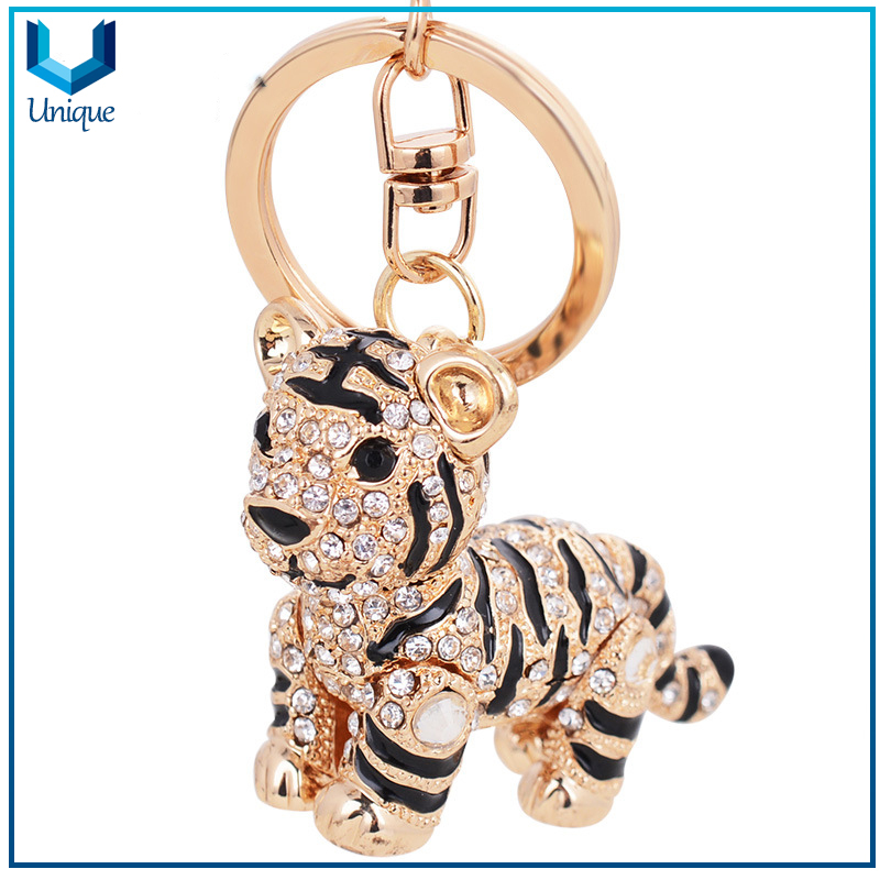 Crystal Decorated Tiger Keychain, Popular Promotional Gifts Keychain with Rhinestone, Wholesale Metal Keychain for Best Sell