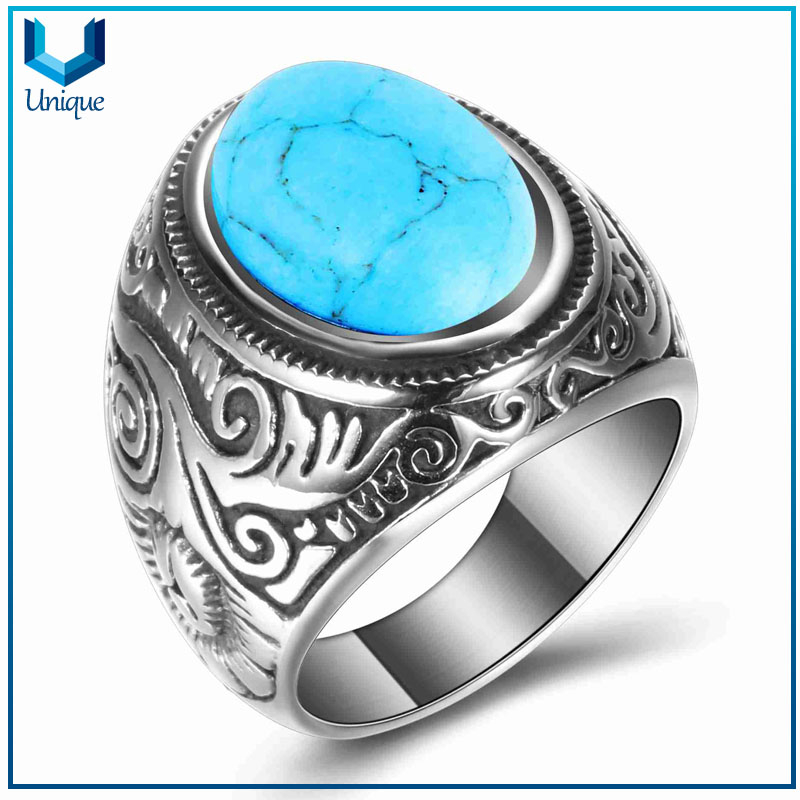 Custom fashion man punk jewelry turquoise stone stainless steel rings 
