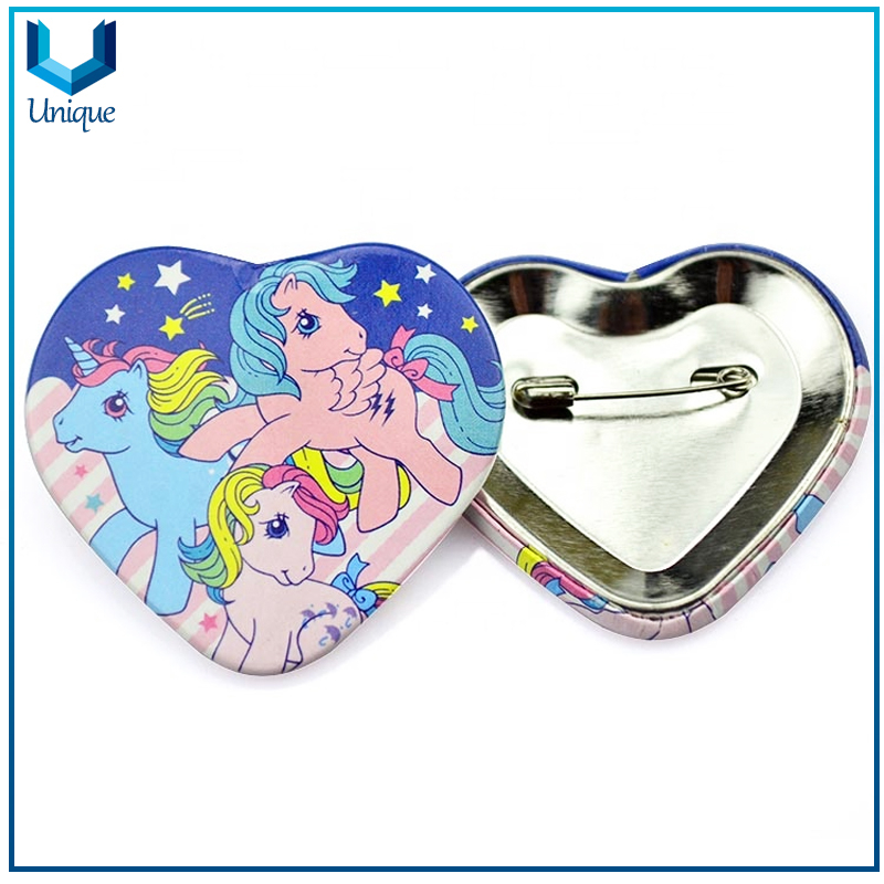 Custom heart shaped safety pin back advertising blank tin button badge