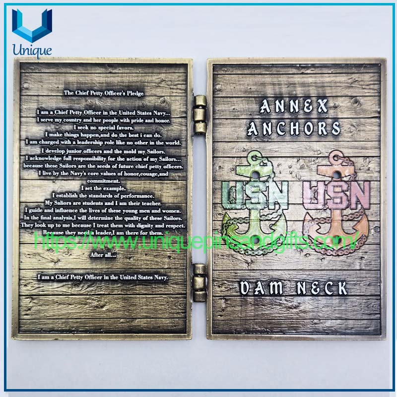 Custom Design 3D Metal Foldable Commemorative Coin, 3" USA Marine Military Door Openable CHIEF MESS Souvenir Coin, UV Printing Logo Commemorative Challenge Coin