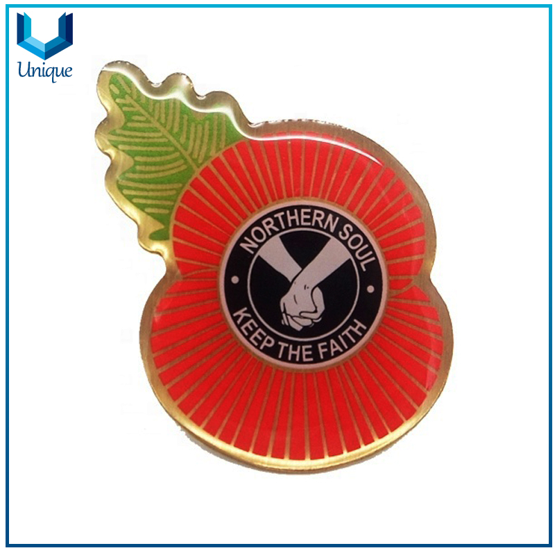 Fashion Shoe Lapel Pin Manufacturer, Die Struck Brass Pin Badge with Silkscreen Printing, Gold Poppy Lapel Pin, Fashion Jewelry Pin for Hat, Garment, Handbag Decoration