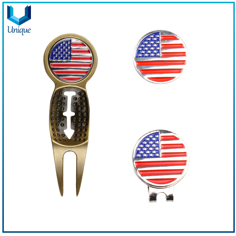 Antique Brass Plated Golf Divot Tool, Golf Hatclip with Ballmarker in set with Gift Box Packing,Customize Design Golf Accessory Tools in Set for Promotional Gifts 