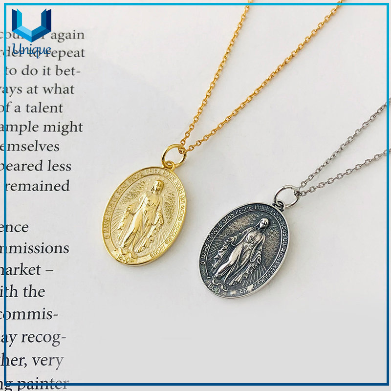 Factory Wholesale Religious jewelry necklace, women gold plated 925 sterling silver Relief Christian Virgin Mary pendant