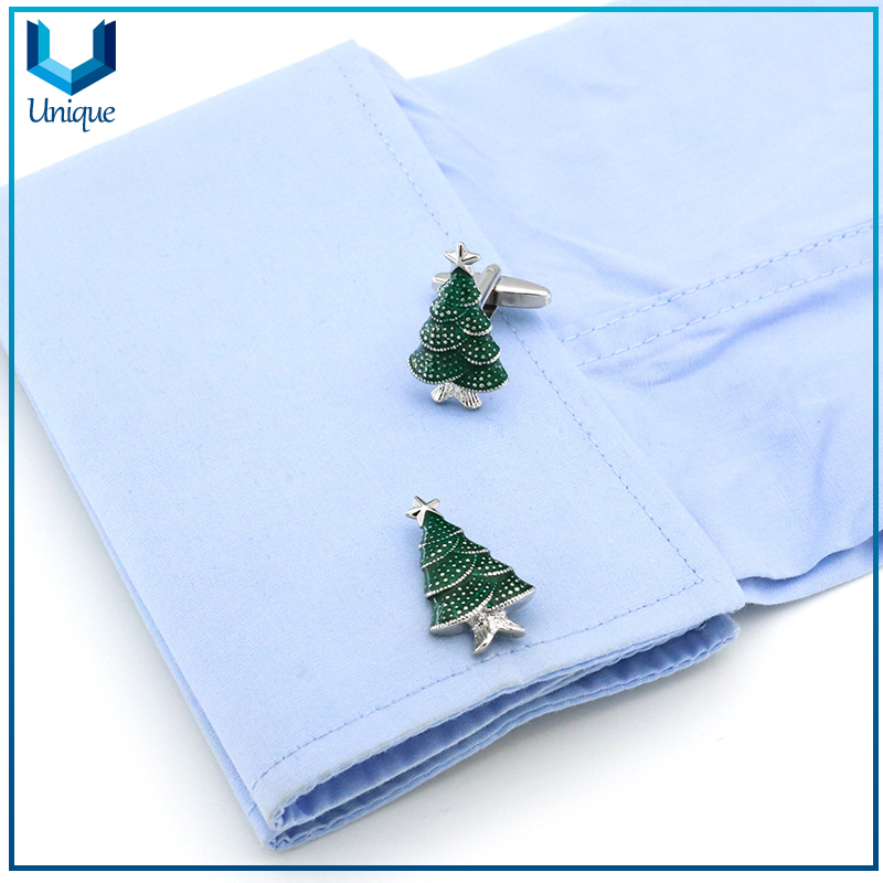 Custom Design Christmas Tree Cufflink, Fashion Jewelry Decoration Cufflink, 3D Nickel plating Wedding Cufflink for Promotional Gifts in gifts Box Packing