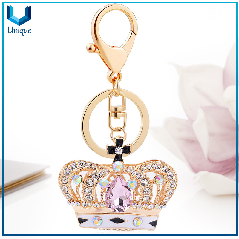 Crown Keychain with Crystal Decoration, Fashion Gold Rhystone 3D Keychain for Promotional Gifts