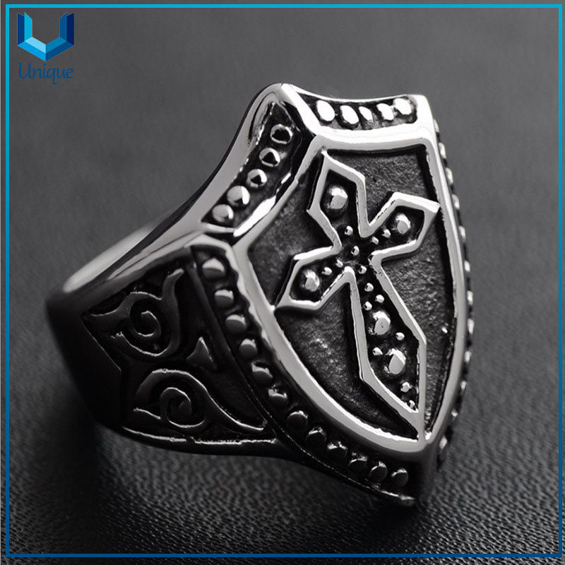 High Quality Classic Punk Vintage Stainless Steel shield Ring For Men