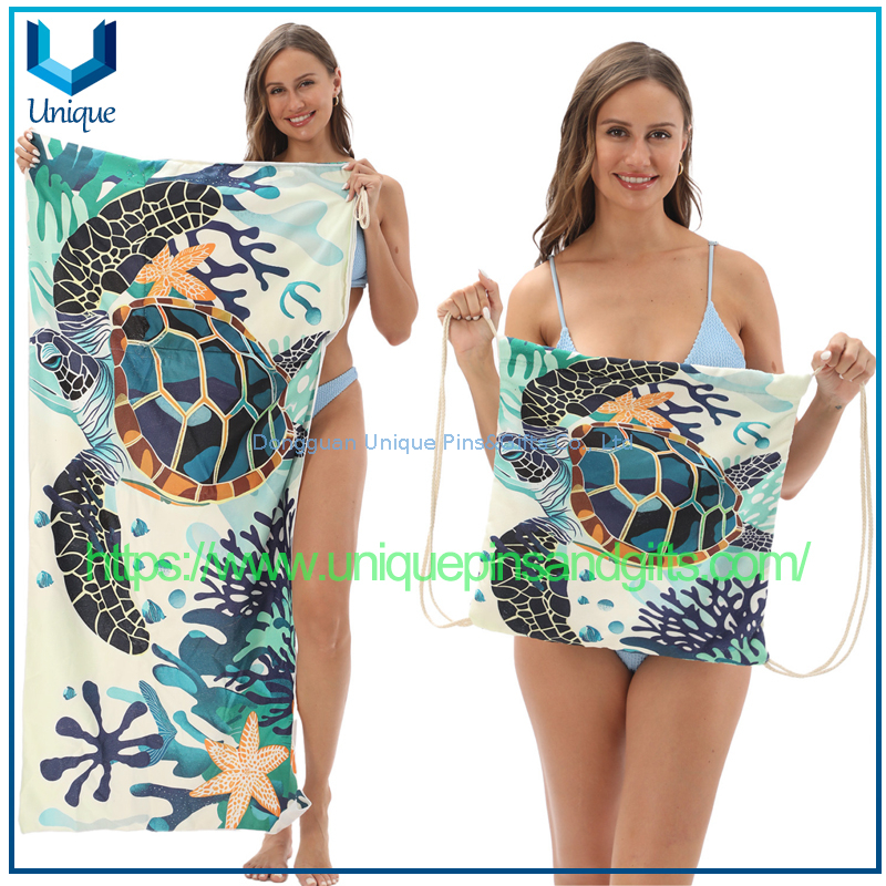 Custom Design Absorbent Quick Drying Beach Towel, Beach Towel Bag, Printed Drawstring Logo Portable Beach Backpack Can Customize Any Pattern