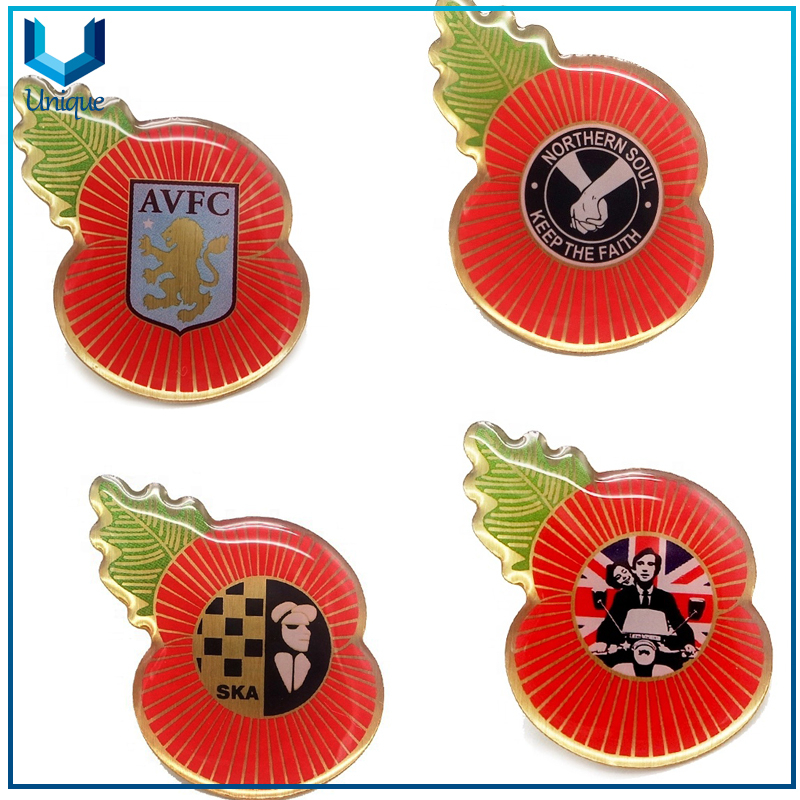 Fashion Shoe Lapel Pin Manufacturer, Die Struck Brass Pin Badge with Silkscreen Printing, Gold Poppy Lapel Pin, Fashion Jewelry Pin for Hat, Garment, Handbag Decoration