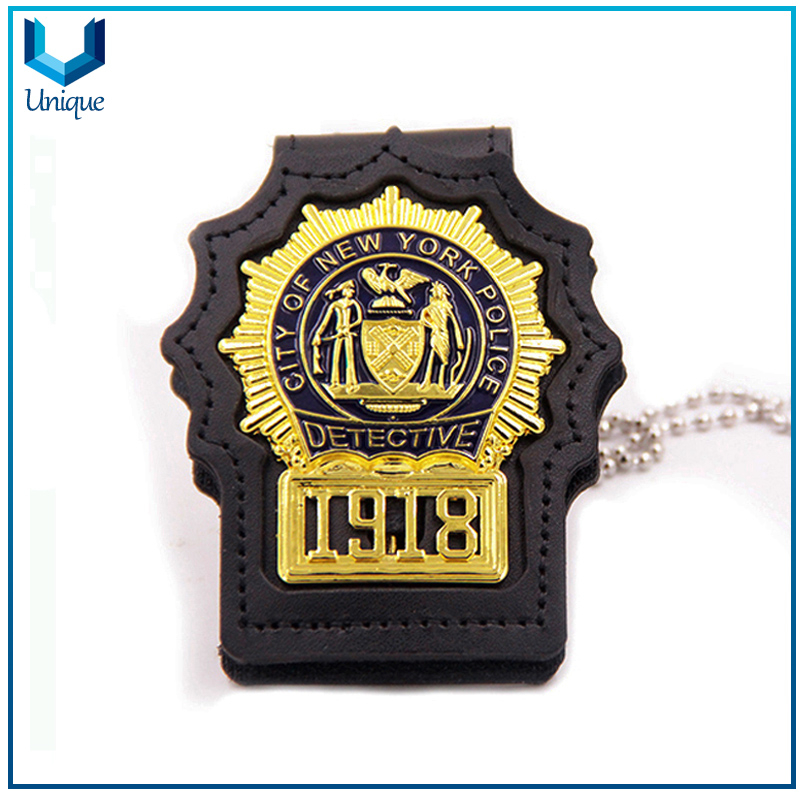 Customize Police Badge Factory, Die Struck Copper 3D Gold Honor Badge w/ Genuine Leather holder + Metal Belt Clip, Sounvenir Coin Badge