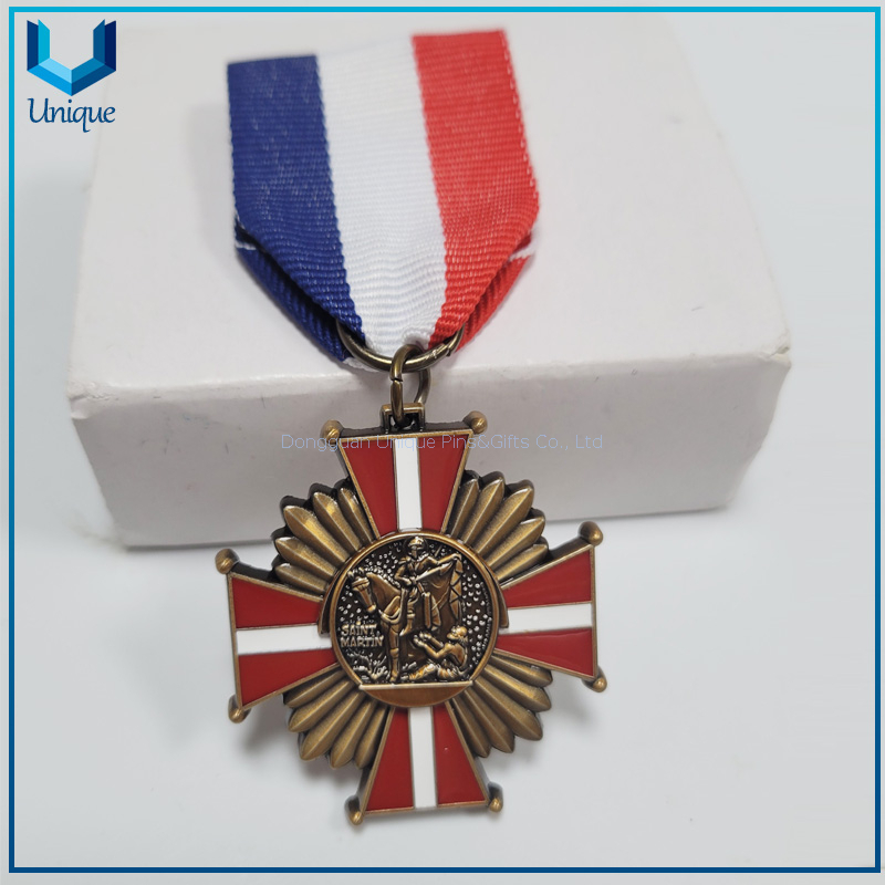 Custom Martin de Tours Medal, 3D antique Copper plating Medal, High Quality Military Bronze Medal with Ribbon and Safety Pin 