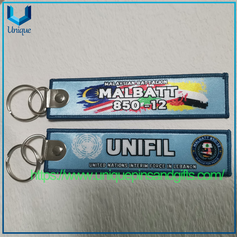 Custom Embroidery Army Flag Keychains, Fabric Embroidery Car Keychains, Woven Keychain, United Nations Interim Force Flag Keychain
