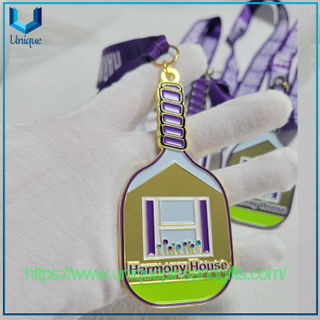 High Quality Customized Design Gold Silver Bronze Pickleball Medal with Printing Lanyard