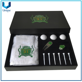Golf Gift Set:Customize Logo Golf Towel+Golf Tee+Golf Divot Tool+Golf Ballmarker+Hatclip for Promotional Gifts in Gifts Box Packing