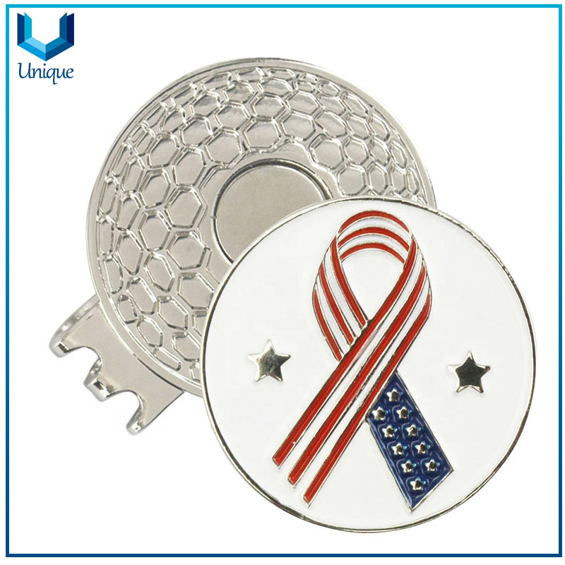 Ribbon Golf Hatclip, National Flag Golf Hatclip, Map /Poker Logo for Ballmarker, Metal Magnet Golf Hatclip with Ballmarker with Customize Logo 