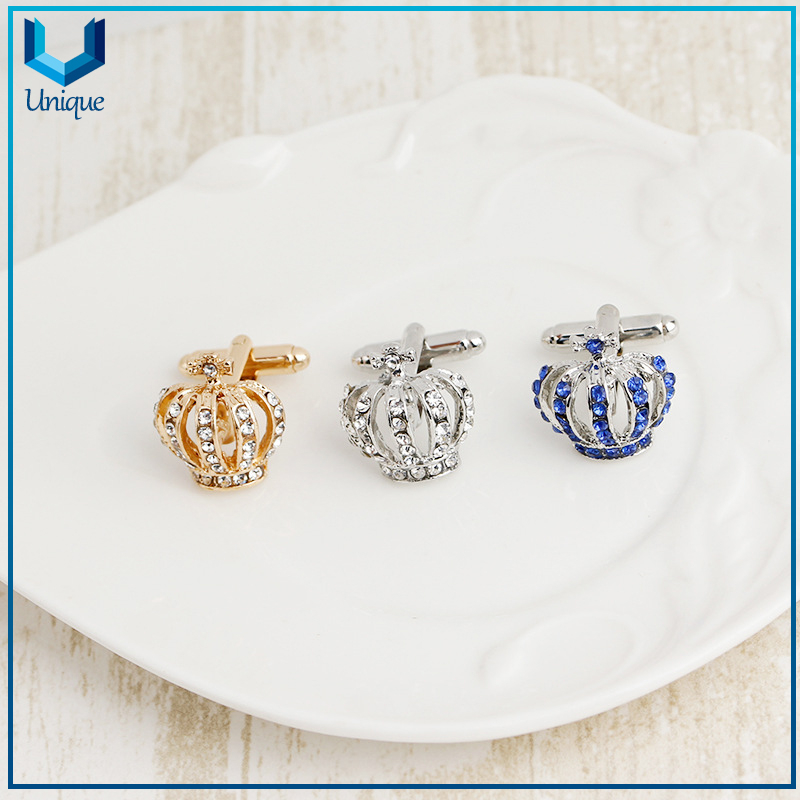 Customize 3D Crown Cufflink with Crystal Decoration, Rhinestone Docorated Cufflink in Gold /Silver for Wedding Promotional Gifts