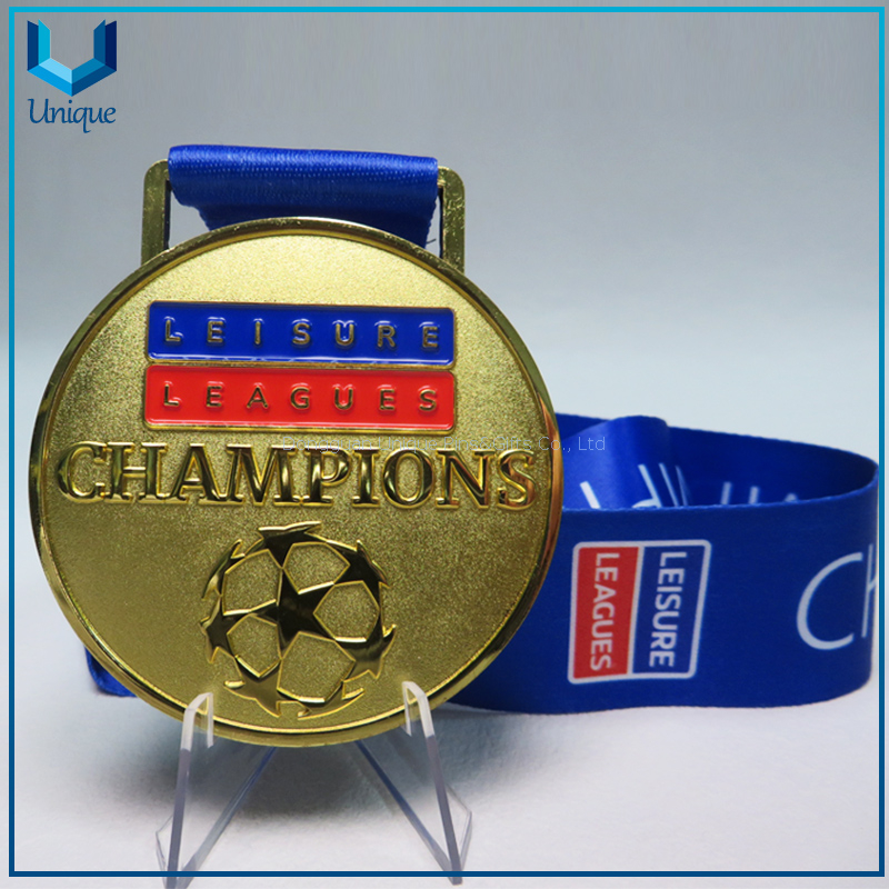 Custom Design Champion League Medal in Gold with CMYK printing ribbon 011