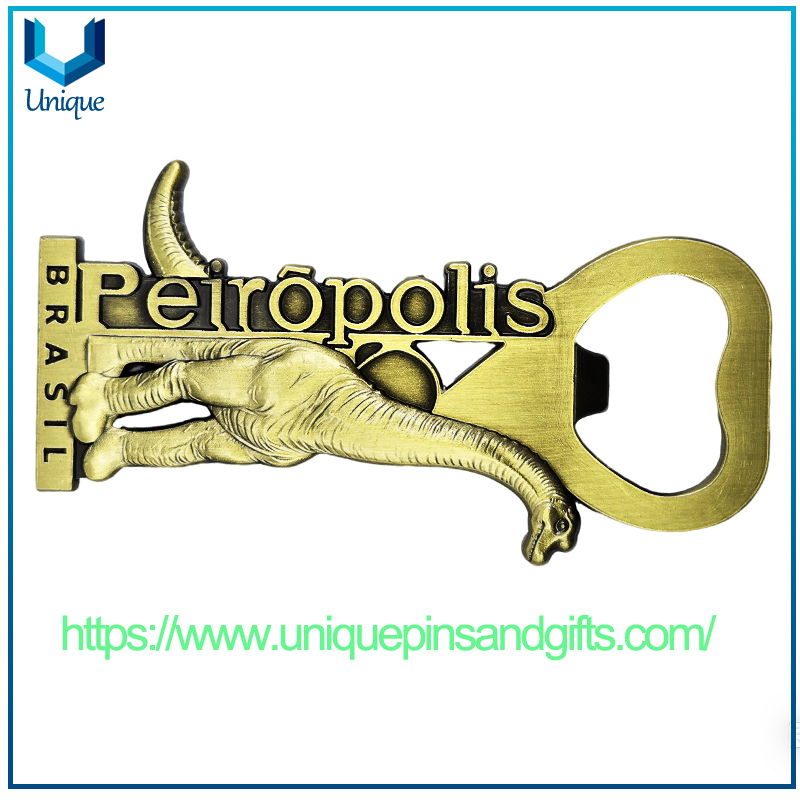 Customized Brasil PEIROPOLIS Uberaba Metal City Logo Dinosaur Pattern Plating Copper Fridge Magnet Sticker