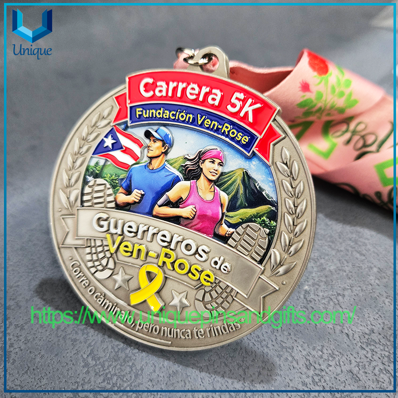Custom Design Single Side 3D +UV+Enamel Puerto Rico Ven Rose Running Medal