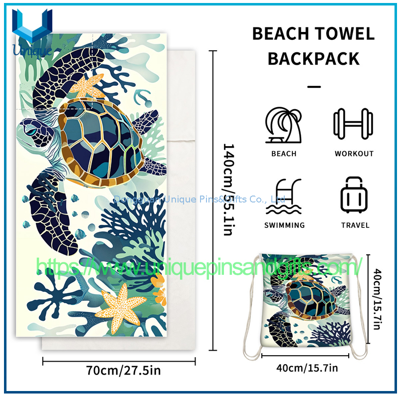 Custom Design Absorbent Quick Drying Beach Towel, Beach Towel Bag, Printed Drawstring Logo Portable Beach Backpack Can Customize Any Pattern