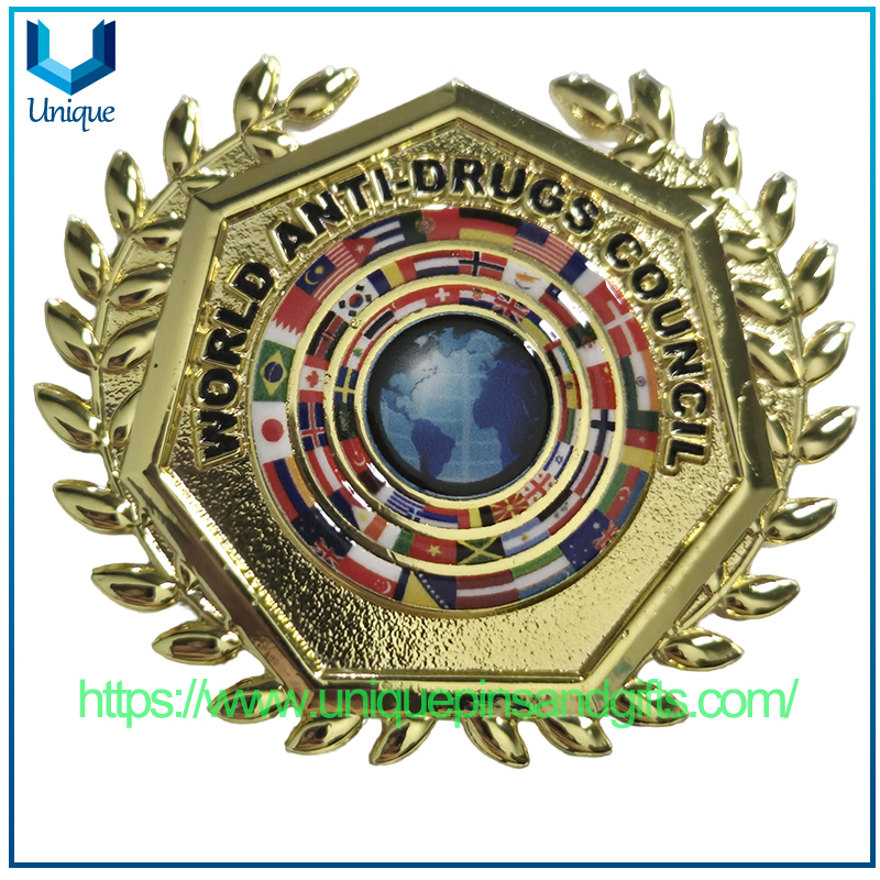 Custom 3D Irregular Gold Plate Badge Anti-Drug Council Metal Lapel Pin Badge Custom Gold Police Metal Brooch Badge with Colorful Logo