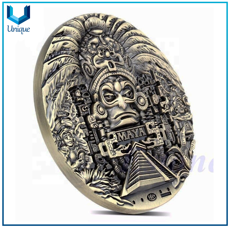 Customize Antique Brass 3D Coin, Big Size Maya Aztec Statue 3D Commemorative Coin,Ancient Egypt Challenge Coin 