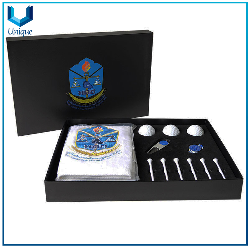 Golf Gift Set:Customize Logo Golf Towel+Golf Tee+Golf Divot Tool+Golf Ballmarker+Hatclip for Promotional Gifts in Gifts Box Packing