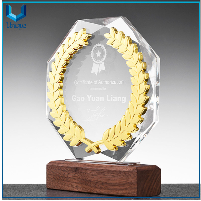 Crytsal Golden Wheat Trophy in Diamond Cut Edge Cutting with Wood Base,Laser Engraving Logo Glass Trophy Cup,Military Honor Award Medal Trophy