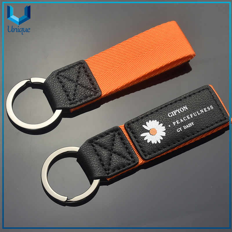 China Wholesale Car Keyring Docoration Accessories, Customize Printing /embroidery Logo Leather+ Webbing Keychain for Souvenir Gifts