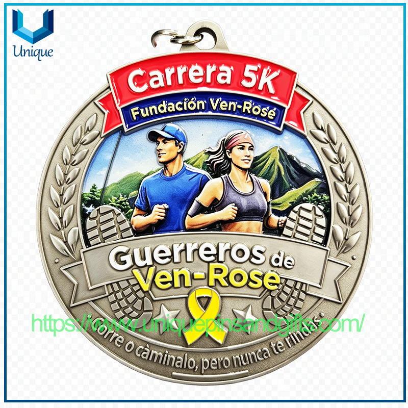 Custom Design Single Side 3D +UV+Enamel Puerto Rico Ven Rose Running Medal