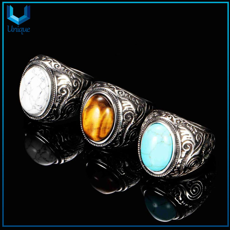 Custom fashion man punk jewelry turquoise stone stainless steel rings 