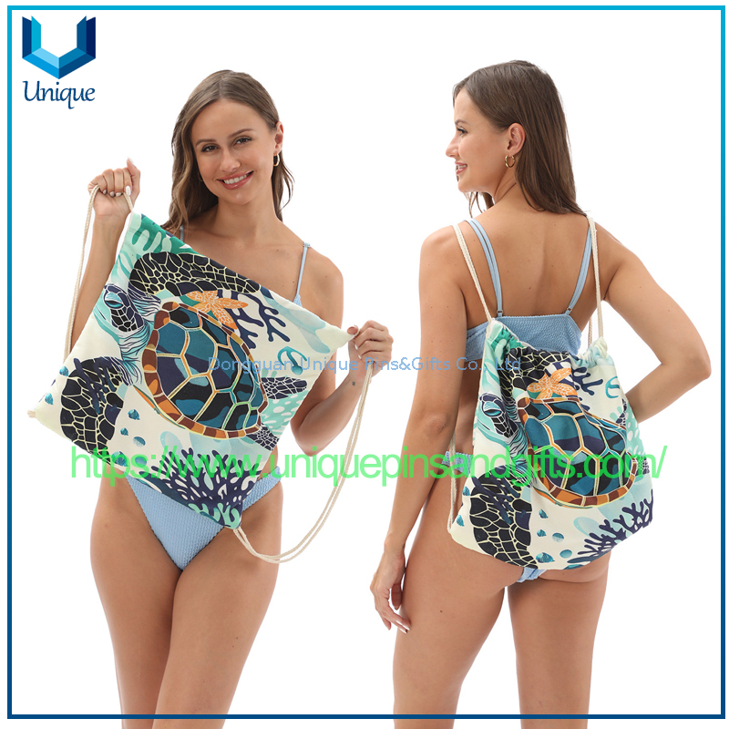 Custom Design Absorbent Quick Drying Beach Towel, Beach Towel Bag, Printed Drawstring Logo Portable Beach Backpack (2)