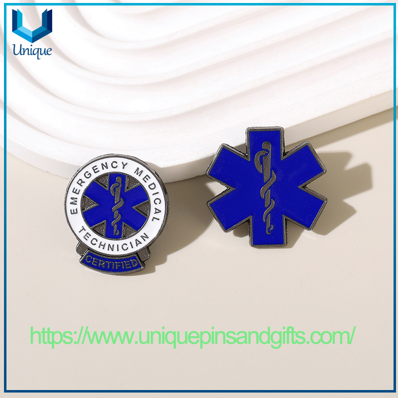 Customized Metal Badge, Blue Ambulance Logo And Life Star Metal Emblem Pin Badge, Emergency Rescue Badge
