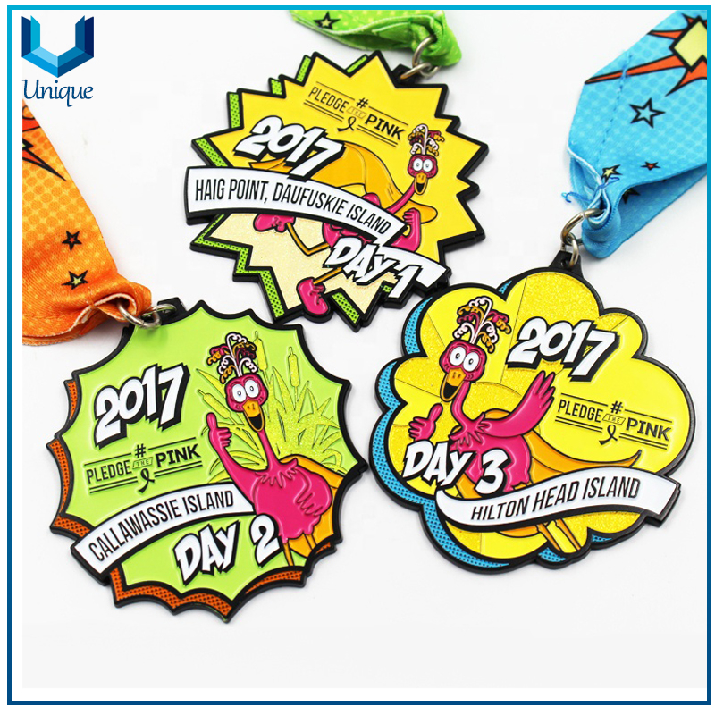 Pledge Pink Medal, Ribbon Medal, Customize Design Fancy Medal, Die Cast Medal with Glitter Fill, Cartoon Medal, Black Nickel Running Medal
