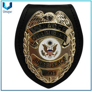 Customize Police Badge Factory, Die Struck Copper 3D Gold Honor Badge w/ Genuine Leather holder + Metal Belt Clip, Sounvenir Coin Badge