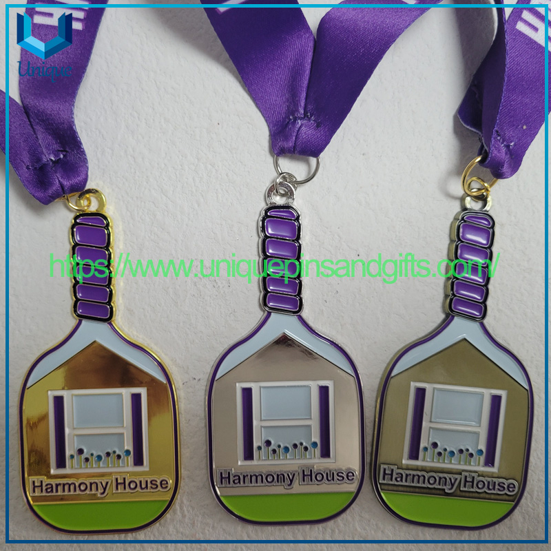 High Quality Customized Design Gold Silver Bronze Pickleball Medal with Printing Lanyard