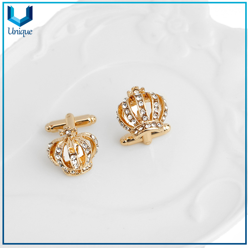 Customize 3D Crown Cufflink with Crystal Decoration, Rhinestone Docorated Cufflink in Gold /Silver for Wedding Promotional Gifts