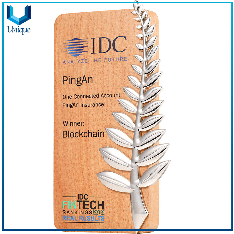 Wooden Plaque w/ Metal Wheat Ear Decoration, Wood Trophy for Awards, Metal Wood Trophy Cup for Honor Gifts