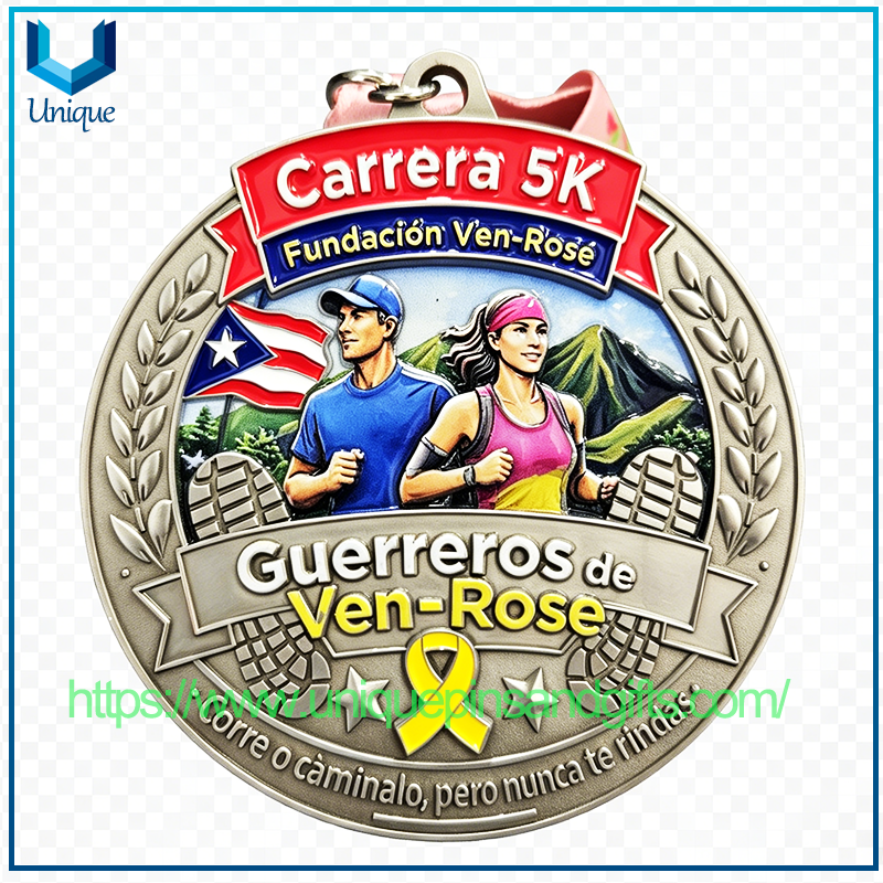 Custom Design Single Side 3D +UV+Enamel Puerto Rico Ven Rose Running Medal