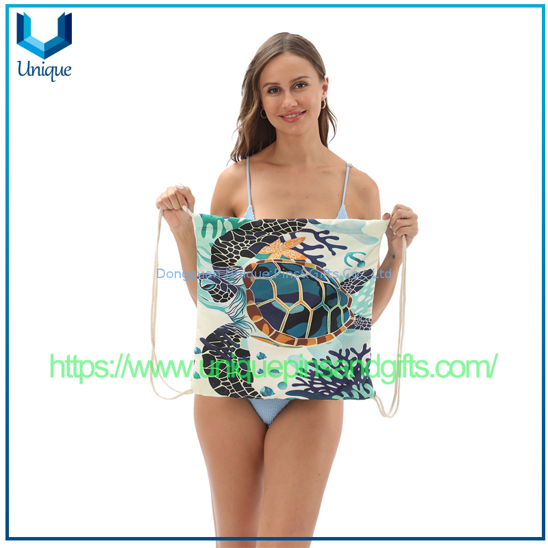 Custom Design Absorbent Quick Drying Beach Towel, Beach Towel Bag, Printed Drawstring Logo Portable Beach Backpack Can Customize Any Pattern