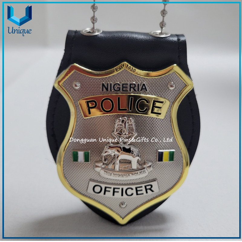 High Quality Custom Design 3D Gold+ Nickel two tone plating Nigeria Police Metal Badge with Cow leather holder with ball Chain and belt clip