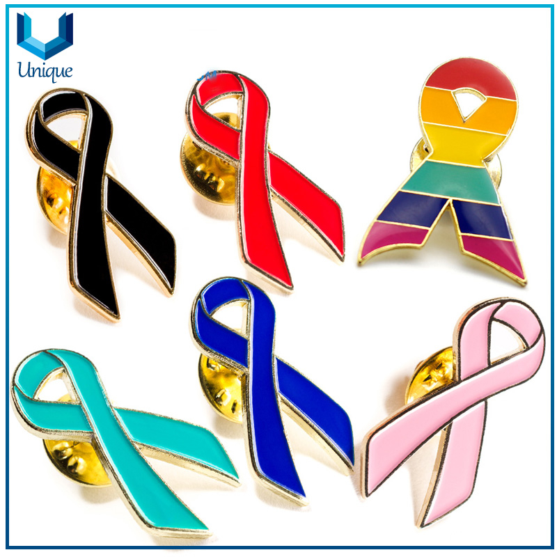 Available Mold Ribbon Pin, Multiple Design & color Metal Ribbon badge,Anti-Cancer Lapel Pin, Die Struck Gold Rainblow Pin