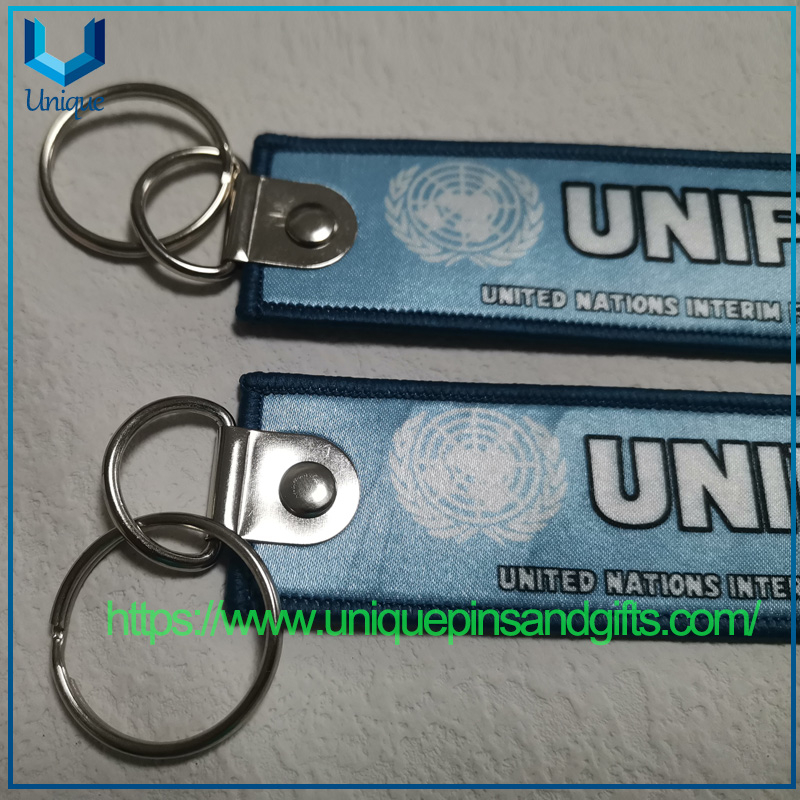 Custom Embroidery Army Flag Keychains, Fabric Embroidery Car Keychains, Woven Keychain, United Nations Interim Force Flag Keychain