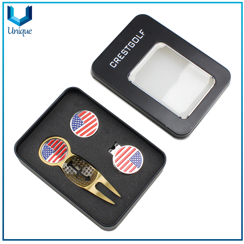 Antique Brass Plated Golf Divot Tool, Golf Hatclip with Ballmarker in set with Gift Box Packing,Customize Design Golf Accessory Tools in Set for Promotional Gifts 