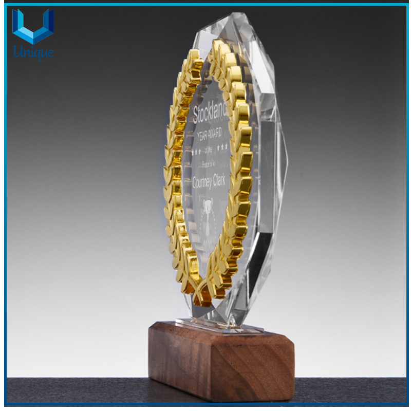 Crytsal Golden Wheat Trophy in Diamond Cut Edge Cutting with Wood Base,Laser Engraving Logo Glass Trophy Cup,Military Honor Award Medal Trophy