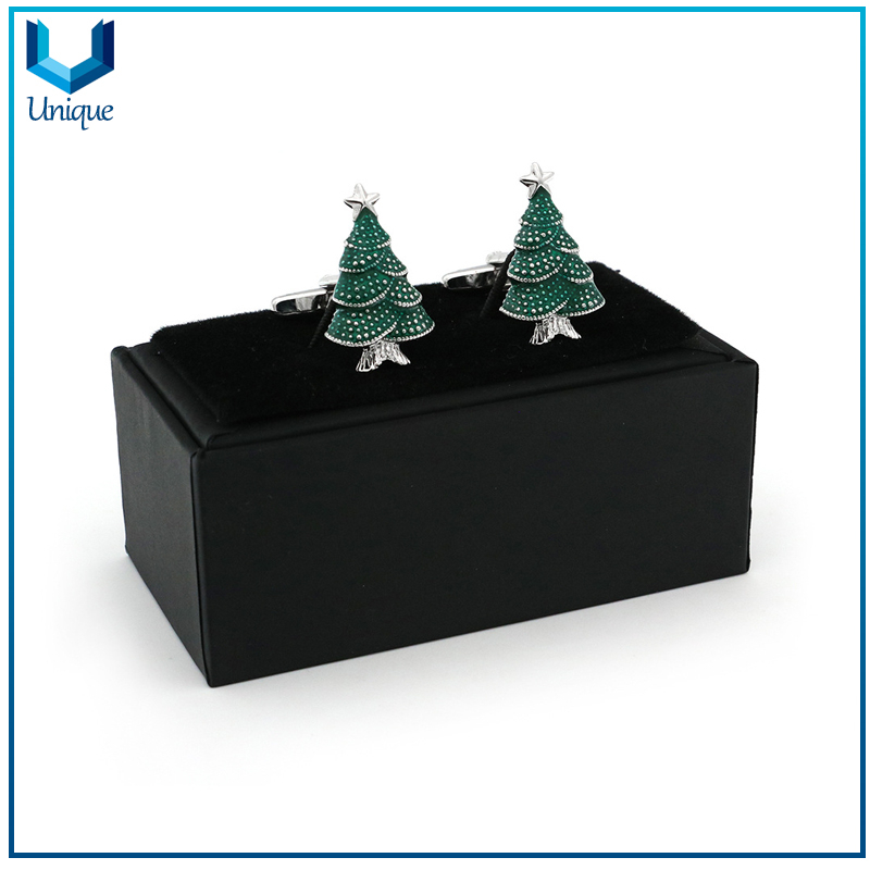 Custom Design Christmas Tree Cufflink, Fashion Jewelry Decoration Cufflink, 3D Nickel plating Wedding Cufflink for Promotional Gifts in gifts Box Packing