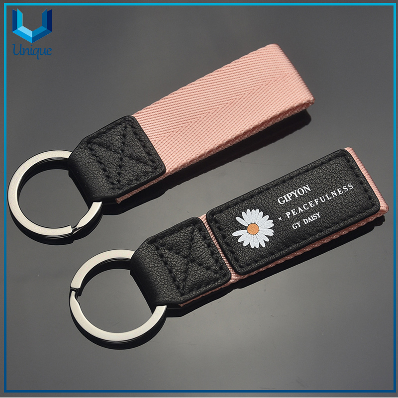 China Wholesale Car Keyring Docoration Accessories, Customize Printing /embroidery Logo Leather+ Webbing Keychain for Souvenir Gifts