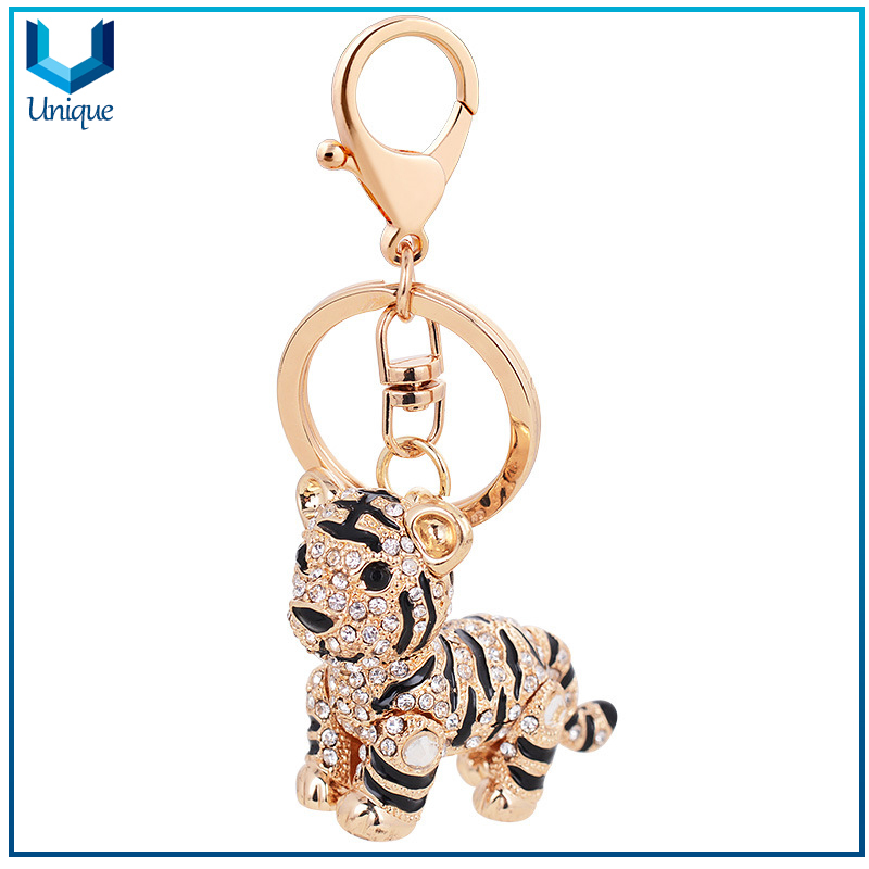 Crystal Decorated Tiger Keychain, Popular Promotional Gifts Keychain with Rhinestone, Wholesale Metal Keychain for Best Sell