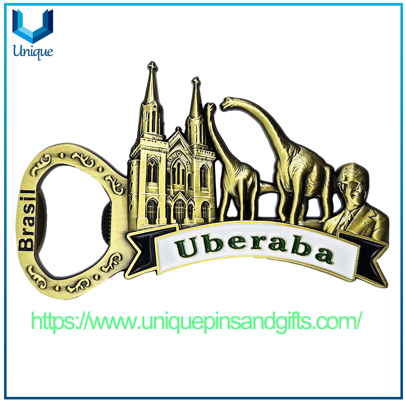 Customized Brasil PEIROPOLIS Uberaba Metal City Logo Dinosaur Pattern Plating Copper Fridge Magnet Sticker